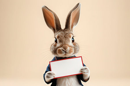 Cute easter bunny holding a blank card with space for textの写真素材