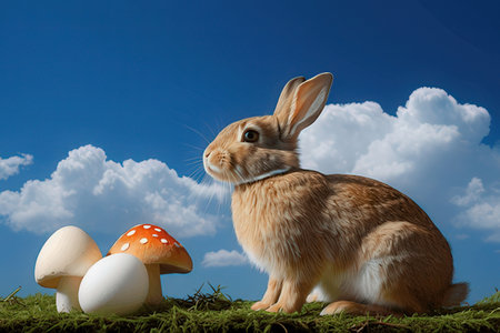 Easter bunny and eggs on green grass with blue sky background.