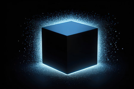 3d illustration of a black cube with a blue glow on a black backgroundの写真素材