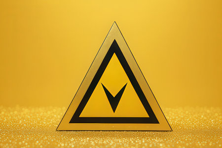 Gold triangle with a check mark on a yellow background. 3d renderingの写真素材
