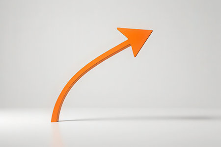 Orange arrow pointing up on a white background. 3d rendering.の写真素材