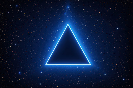 Neon triangle on a dark background. Glowing triangle in space. Vector illustration.の写真素材