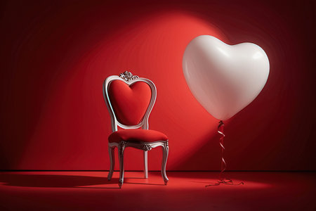 Valentine's day background with red chair, heart and balloonの写真素材