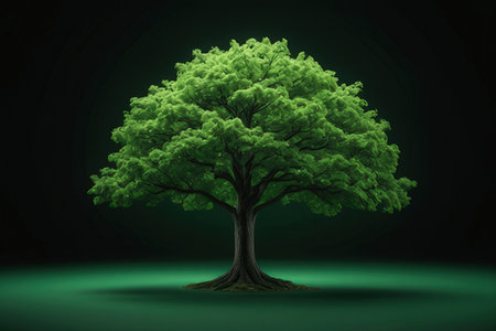 Illustration of a green tree on a dark background with copy space