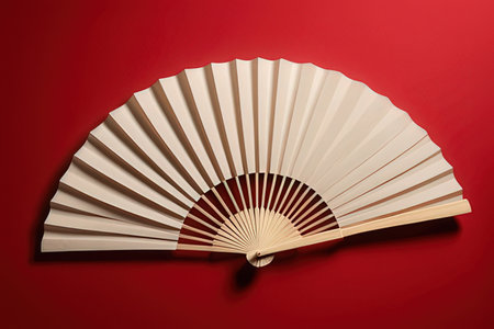 Folding fan on a red background, close-up, top viewの写真素材