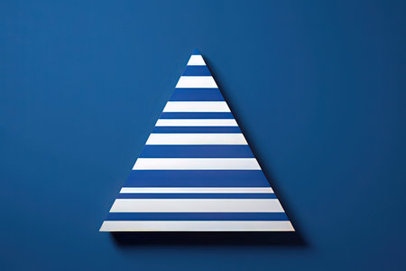 Pyramid made of white and blue stripes on a blue background.