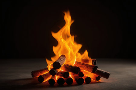 Burning campfire on black background with copy space for your textの写真素材