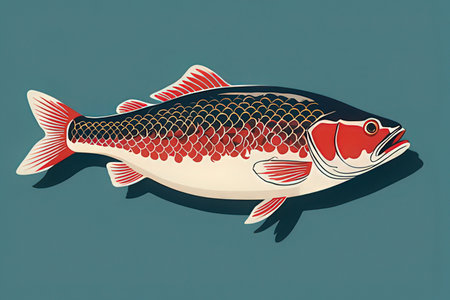 Vector illustration of a salmon fish on a blue background with shadow.
