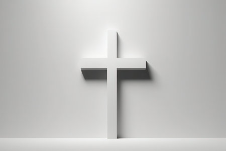 White cross on a white wall. 3D rendering. Computer generated image.の写真素材