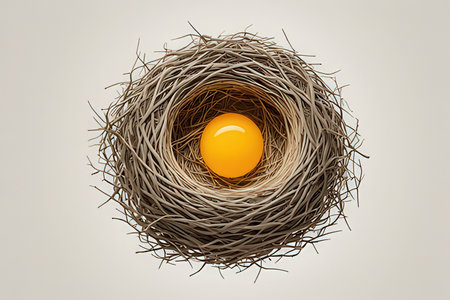Yellow egg in a bird's nest on a white background. 3d illustration