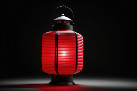 3d rendering of a red lantern on a dark background with shadowの写真素材