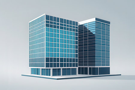 3D render of a modern office building with skyscrapers.の写真素材