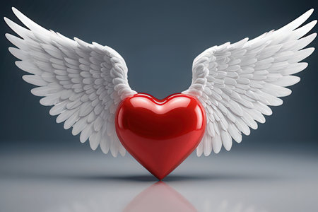 Red heart with white wings on a gray background. 3d renderingの写真素材