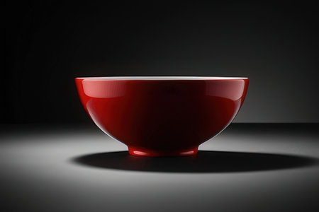 Empty red bowl on dark background. 3D illustration. Selective focus.の写真素材