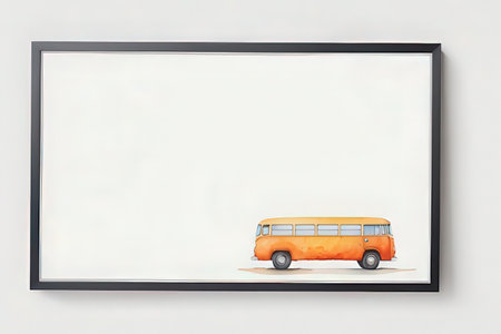 Illustration of a bus in front of a blank picture frame.の写真素材