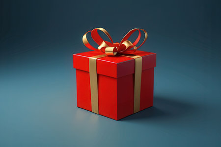 Red gift box with gold ribbon on blue background. 3d illustration