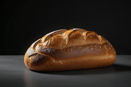 Freshly baked loaf of bread on table against black background, closeup