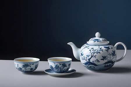 tea set on the table with blue background. 3d rendering