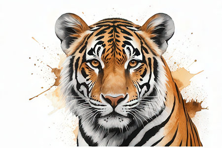 Tiger head watercolor painting on white background, vector illustration.