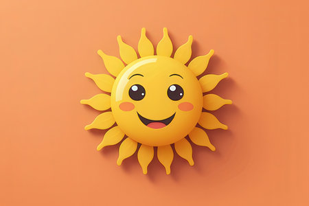 Cute cartoon sun character isolated on orange background. Vector illustration.の写真素材