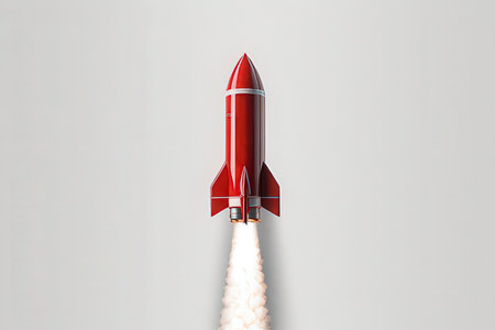 Rocket flying high in the sky on a white background. 3d renderingの写真素材