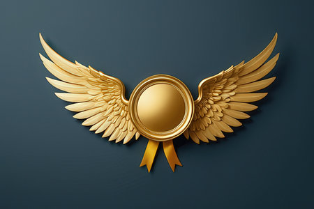 Gold medal with wings on a dark blue background. 3d rendering