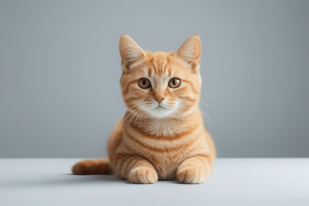 Beautiful ginger cat sitting on white table, isolated on gray backgroundの写真素材