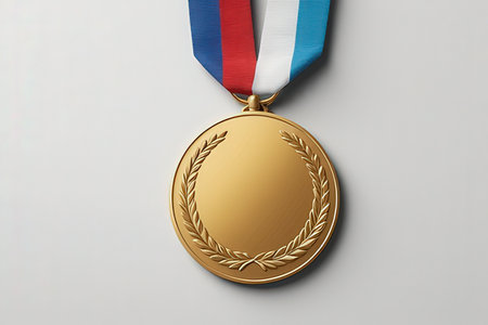 Gold medal with ribbons on a gray background. 3d renderingの写真素材