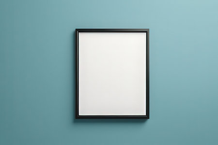 Blank picture frame mockup on blue wall. 3d render