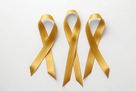 Three gold awareness ribbons on white background. 3d illustration.の写真素材