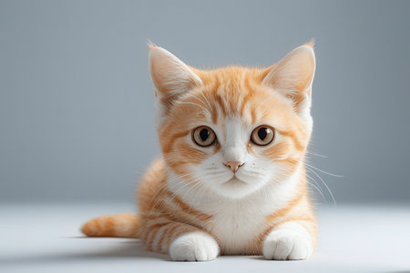 Cute ginger cat on gray background. Studio shot. Copy space.の写真素材