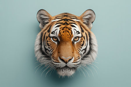 Tiger head isolated on blue background. 3d render illustration.の写真素材