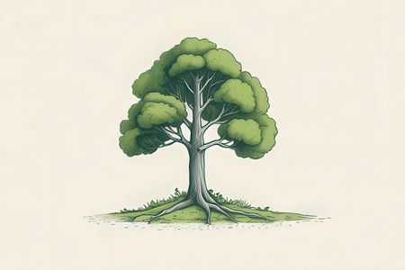 Vector image of a tree with roots on a green meadow.の写真素材