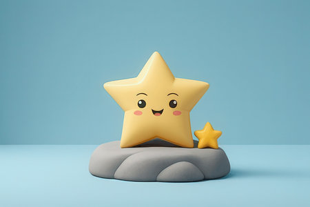 cute yellow star on the rock with blue background, 3d renderの写真素材
