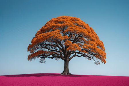 Autumn tree on pink field and blue sky. 3d renderの写真素材