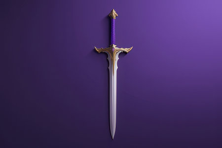 Medieval sword on purple background. 3D illustration. Top view.の写真素材