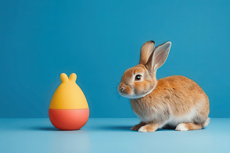 Cute easter bunny and egg on blue background. Studio shot.の写真素材