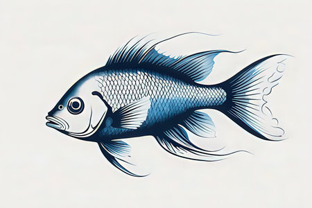 Illustration of a blue fish on a white background with space for textの写真素材
