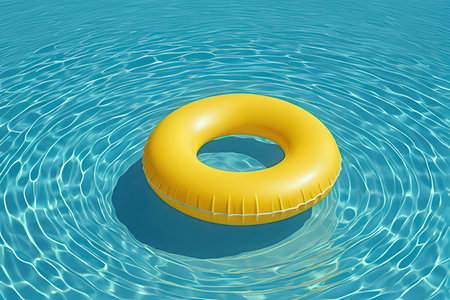 Yellow inflatable ring floating in blue swimming pool. 3d renderの写真素材