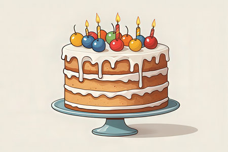 Birthday cake with candles on a cake stand. Vector illustration.