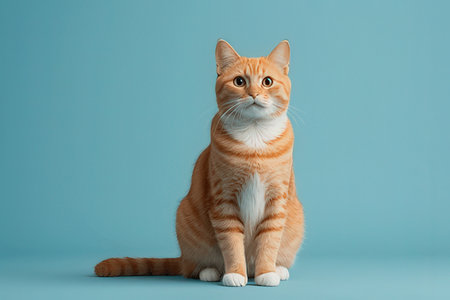 Beautiful red cat sitting on light blue background. Studio shot.