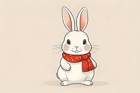 Cute rabbit in a red scarf on a beige background.の写真素材