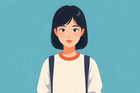 Young woman with backpack. Vector illustration in cartoon style. Isolated on blue background.