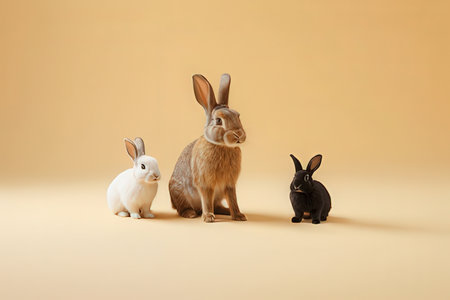 Rabbits and black and white bunnies on beige backgroundの写真素材