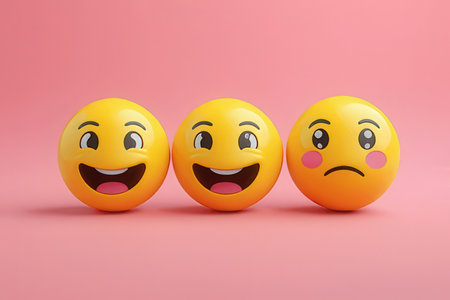 3d illustration of four yellow emojis with different emotions on pink backgroundの写真素材