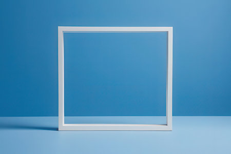 White picture frame on blue background. Minimal style. 3d render