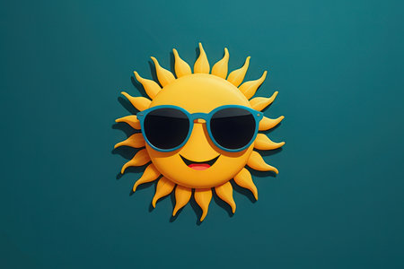 Smiling sun wearing sunglasses on blue background. Summer concept. 3D Renderingの写真素材