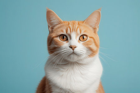 red and white cat on a blue background, close-up portrait