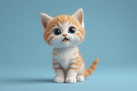 Cute little kitten sitting on blue background, 3d rendering.