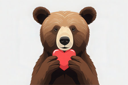 Brown bear holding a red heart on a white background. Vector illustrationの写真素材